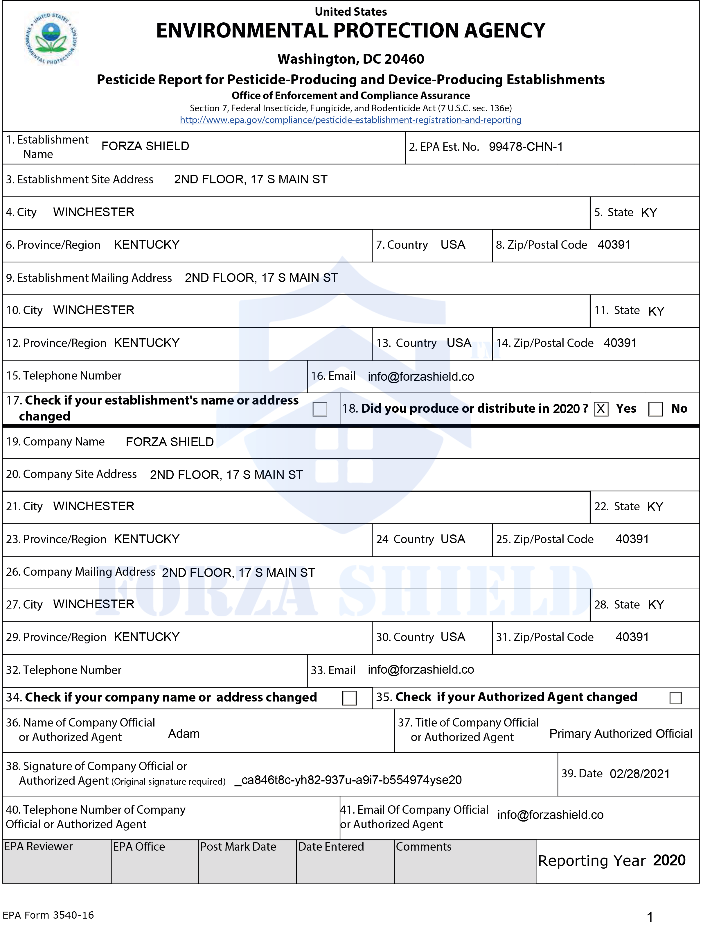 Forza Shield EPA Report Page 1